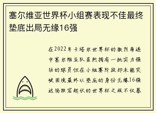 塞尔维亚世界杯小组赛表现不佳最终垫底出局无缘16强 塞尔维亚世界杯小组赛表现不佳最终垫底出局无缘16强